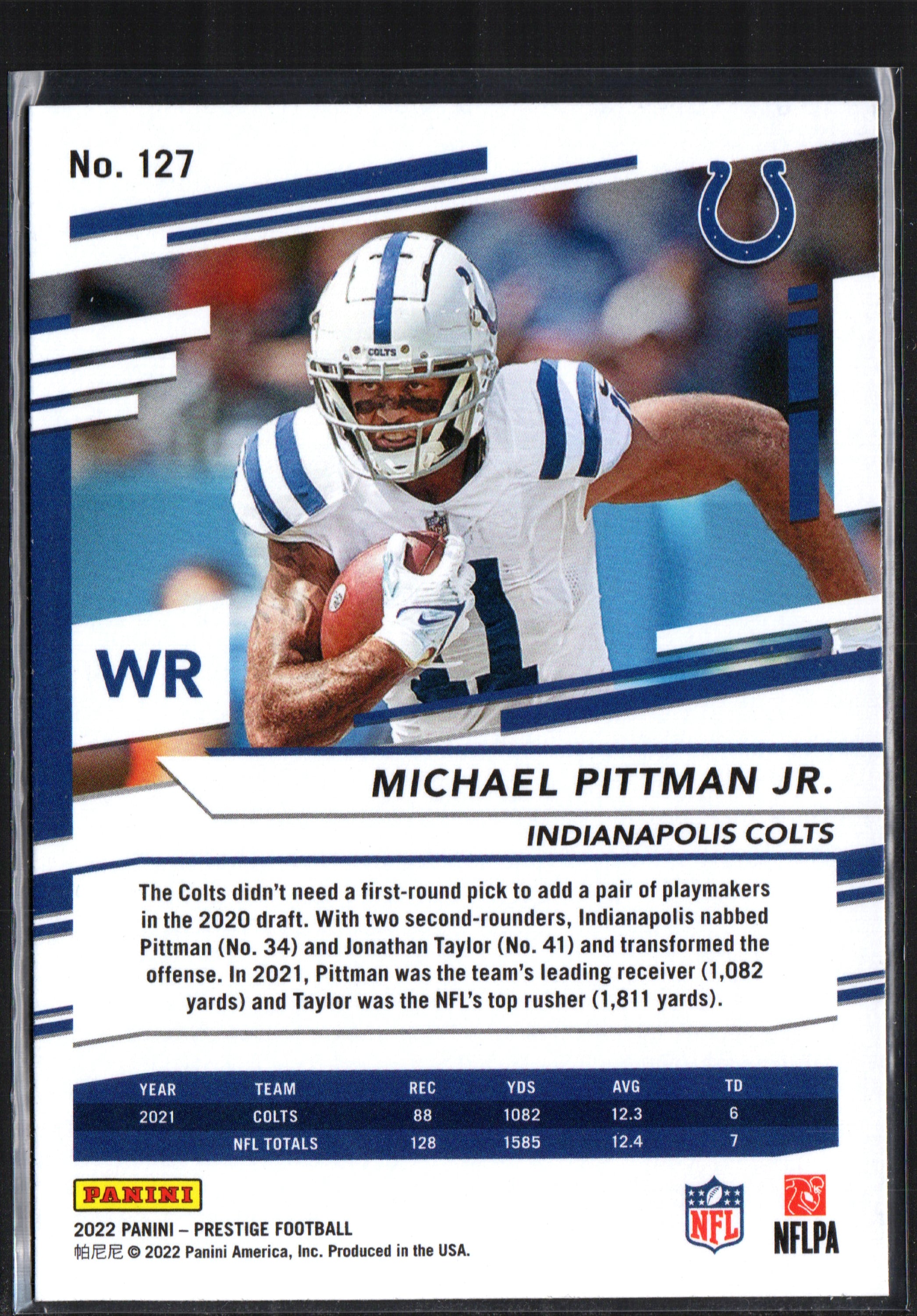 Michael Pittman Jr. Indianapolis Colts #127 Sunburst trading card from 2022 Panini Prestige set, featuring vibrant colors and Xtra Points parallel.